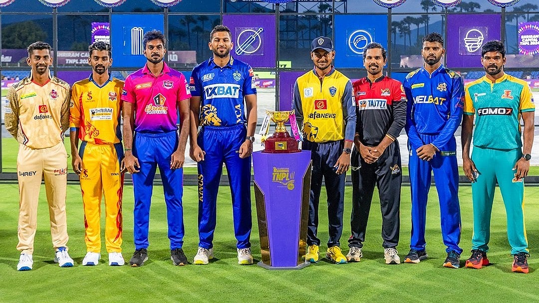 Photo: X/ @TNPremierLeague : Tamil Nadu Premier League (TNPL) 2024 captains with the trophy.